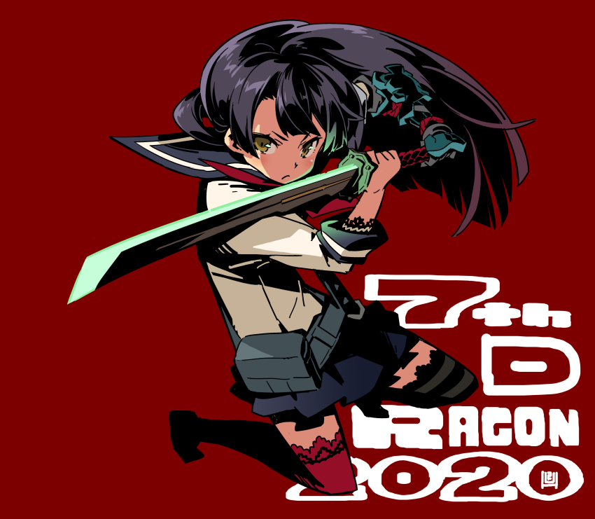 1girl, 7th_dragon_(series), 7th_dragon_2020, absurdres, asymmetrical_legwear, black_hair, brown_eyes, floating_hair