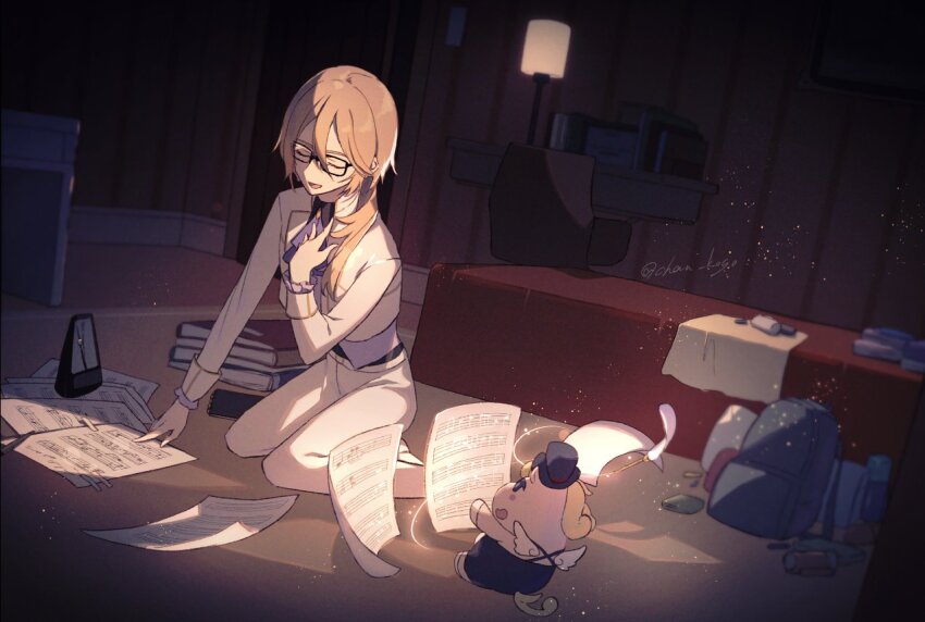 ascot, backpack, bag, bed, book, book_stack, brown_hair, dark_room