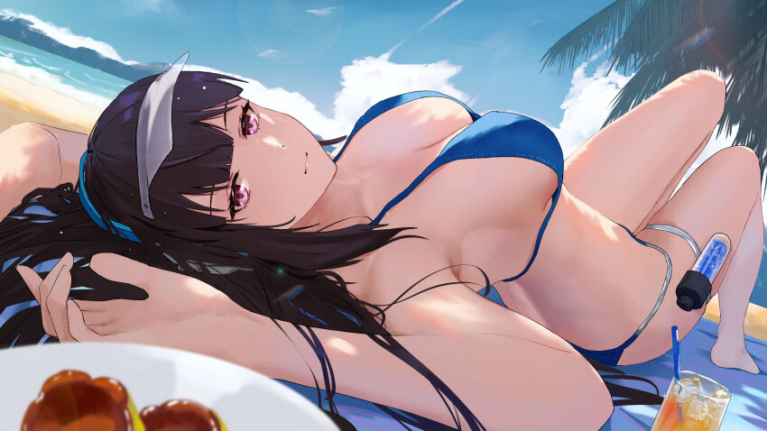 1girl, absurdres, beach, beach_towel, bikini, black_hair, blue_bikini, blue_sky, blurry, breasts, clisapex, closed_mouth, cloud, day, depth_of_field, drinking_straw, glass, hairband, highres, ice, ice_cube, lens_flare, light_smile, long_hair, looking_at_viewer, lying, medium_breasts, mountainous_horizon, ocean, on_back, outdoors, palm_tree, plate, purple_eyes, sky, snowbreak:_containment_zone, swimsuit, towel, tree, visor_cap, yao_(snowbreak)