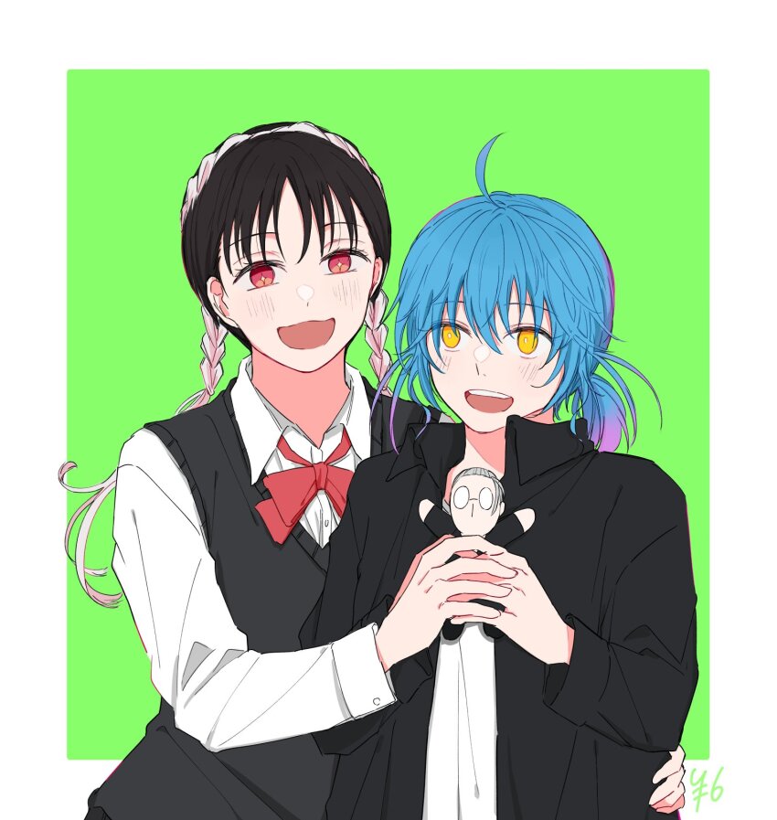 2girls, akao_akira, black_hair, black_jacket, blue_hair, blush, collared_jacket, collared_shirt