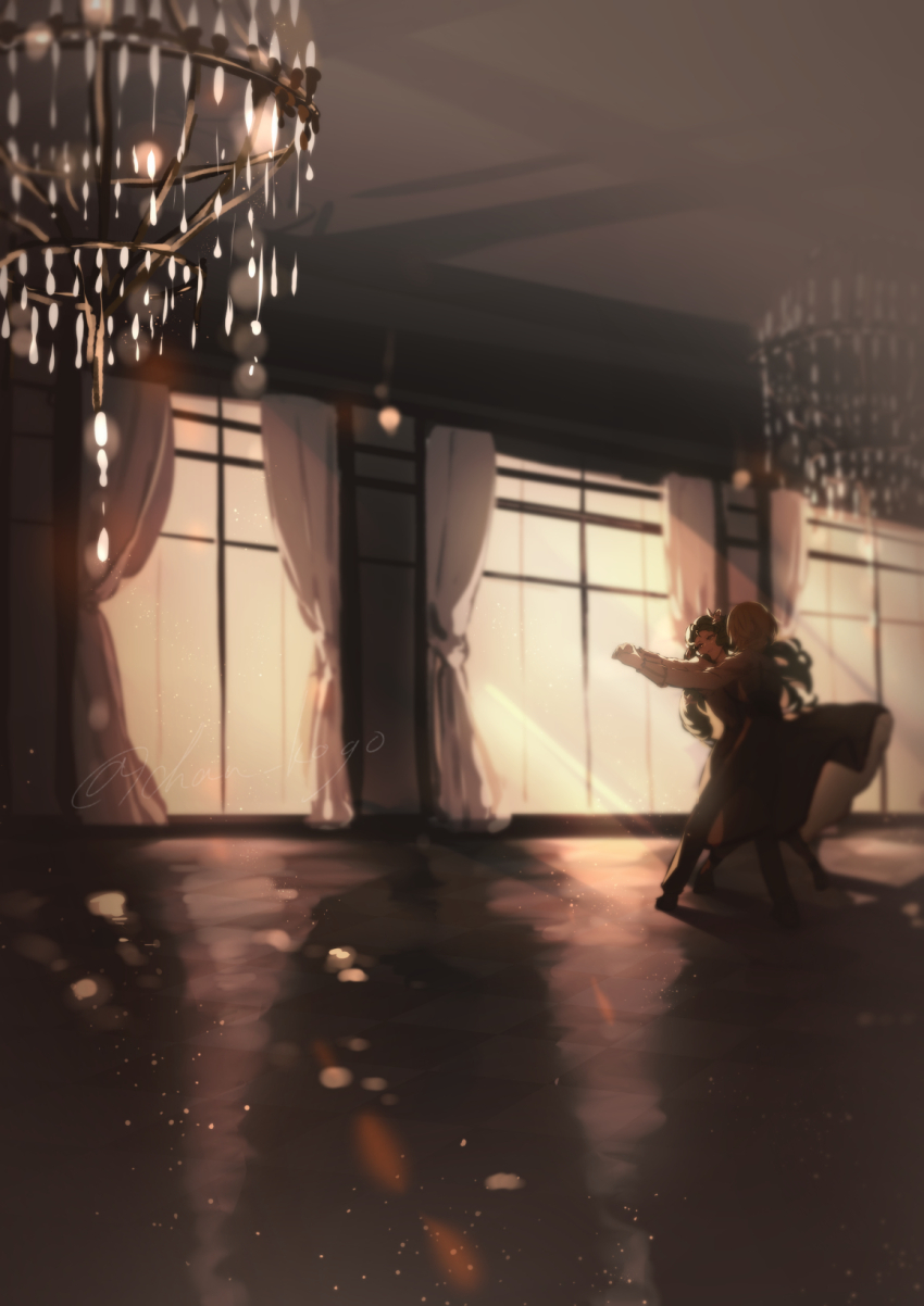 2girls, chandelier, commentary_request, curtains, dancing, full_body, green_hair, hanayashiki_midoriko