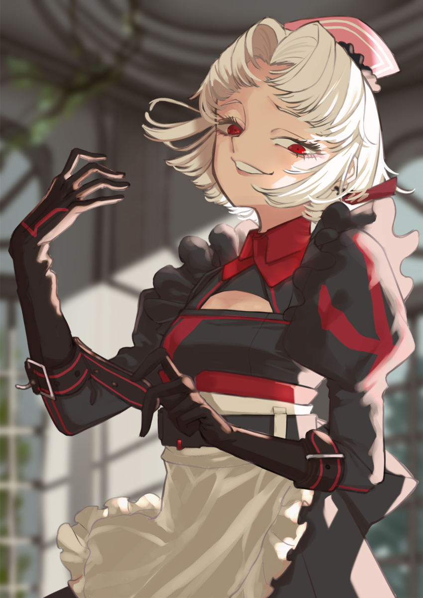 1girl, alternate_costume, apron, black_gloves, drake_(maid_for_villain)_(nikke), drake_(nikke), enmaided, frills