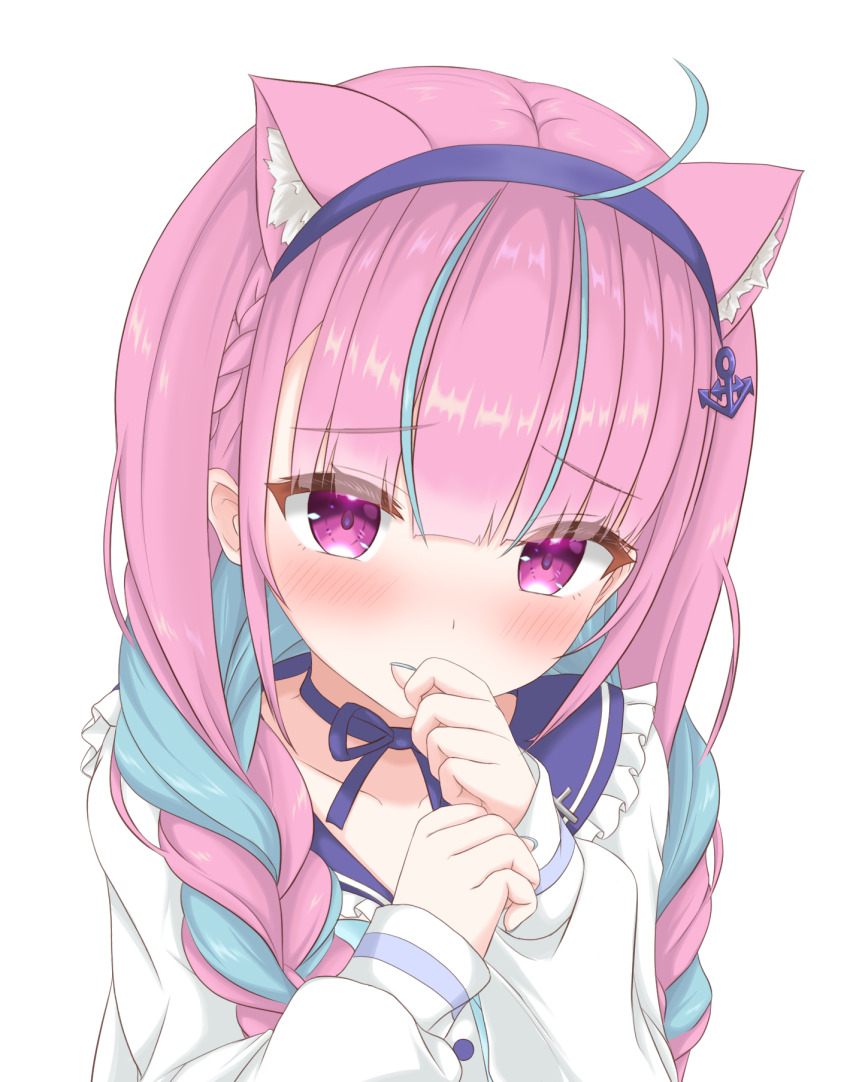 1girl, ahoge, anchor_hair_ornament, animal_ear_fluff, animal_ears, blue_choker, blue_hair, blue_headband