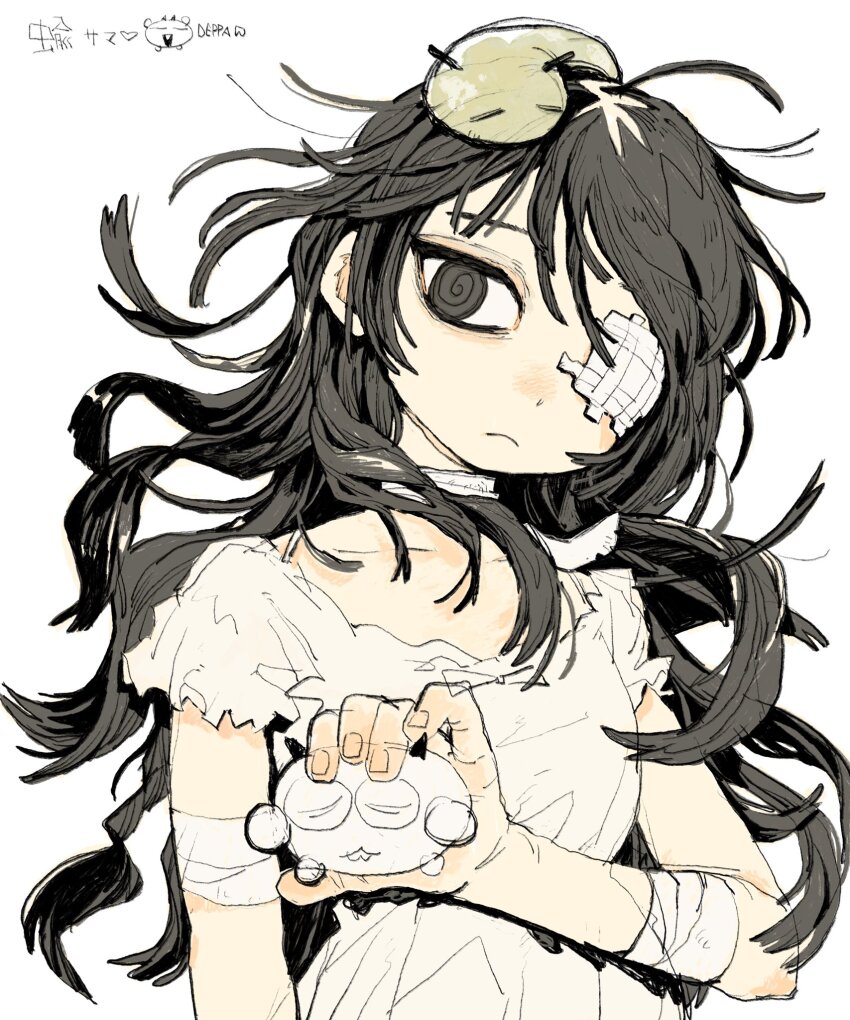1girl, @_@, ahoge, bandaged_arm, bandaged_neck, bandages, brown_eyes, brown_hair, caterpillar, creature, creature_on_head, deppa_(sdns53), eyepatch, highres, holding, holding_creature, long_hair, medical_eyepatch, messy_hair, original, signature, simple_background, sketch, sleeping, solo, torn_clothes, wavy_hair, white_background