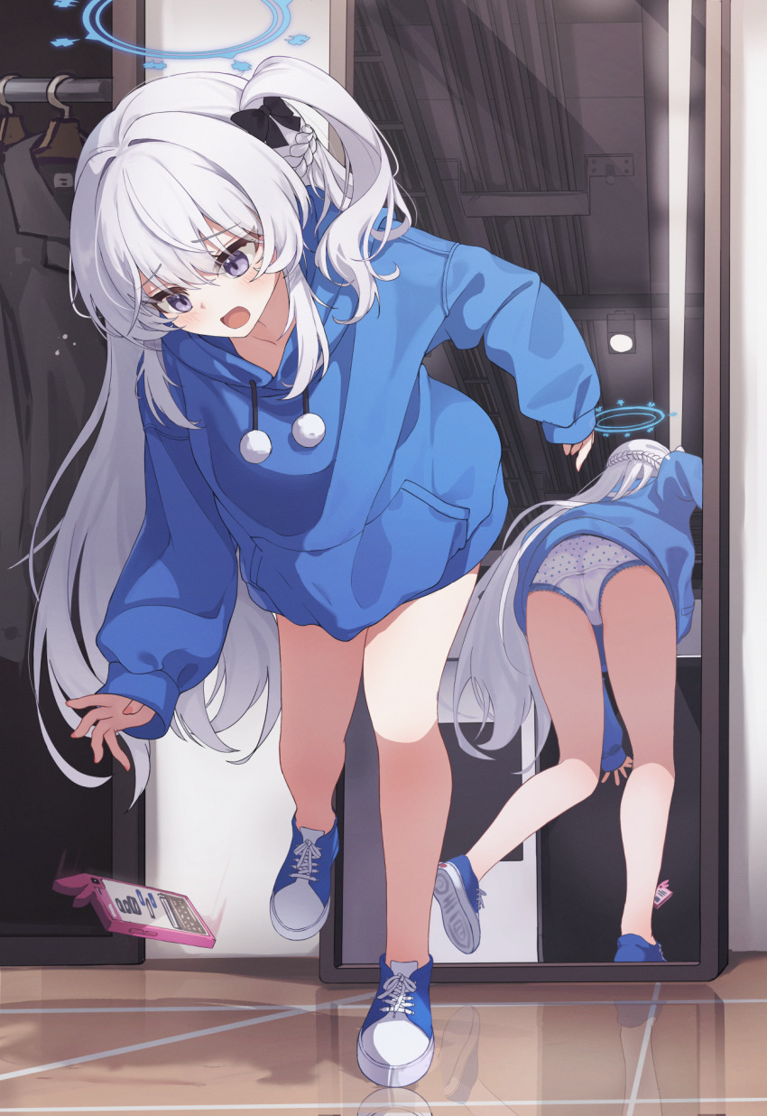 1girl, accidental_exposure, ass, blue_archive, blue_eyes, blue_hair, blue_halo, blue_hoodie