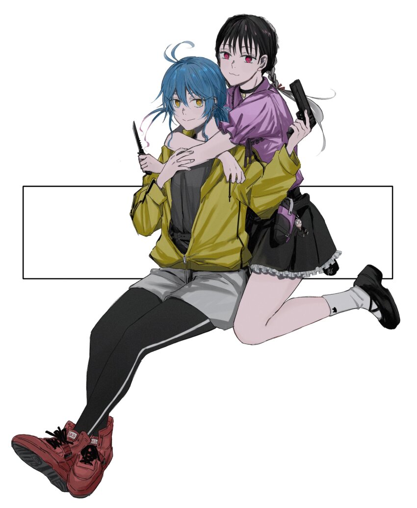 2girls, :3, akao_akira, black_choker, black_footwear, black_hair, blue_hair, braid