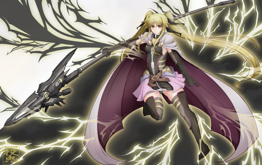 1girl, bardiche_(javelin_form)_(nanoha), bardiche_(nanoha), black_gloves, blonde_hair, cape, dress, elbow_gloves