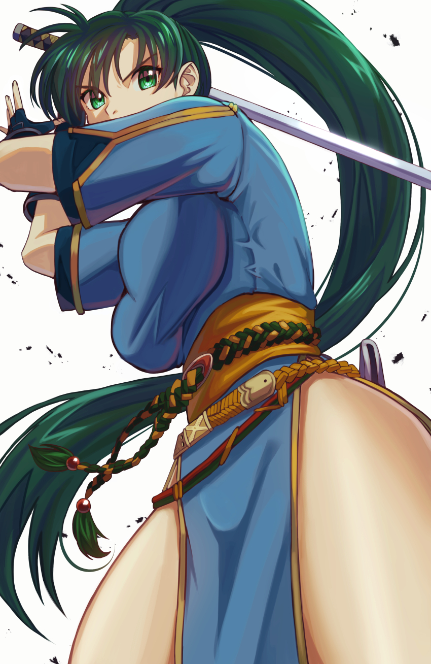 1girl, absurdres, blue_dress, breasts, dress, fingerless_gloves, fire_emblem, fire_emblem:_the_blazing_blade