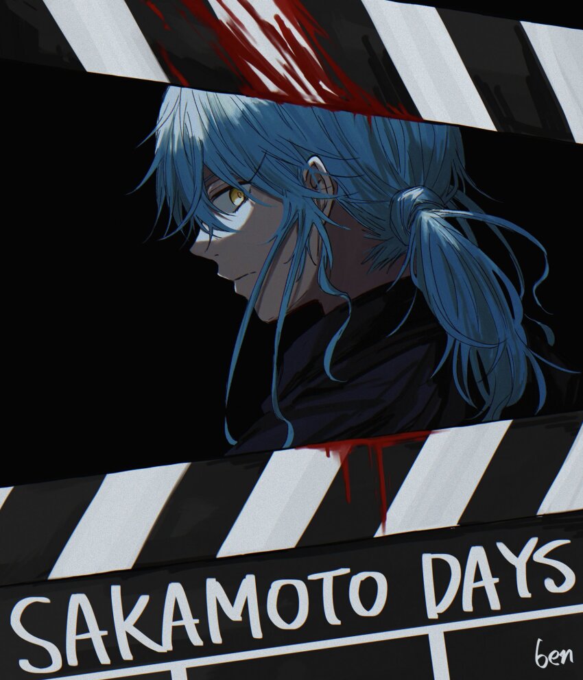 1girl, akao_akira, from_behind, black_background, blood, blood_drip, blue_hair, clapperboard