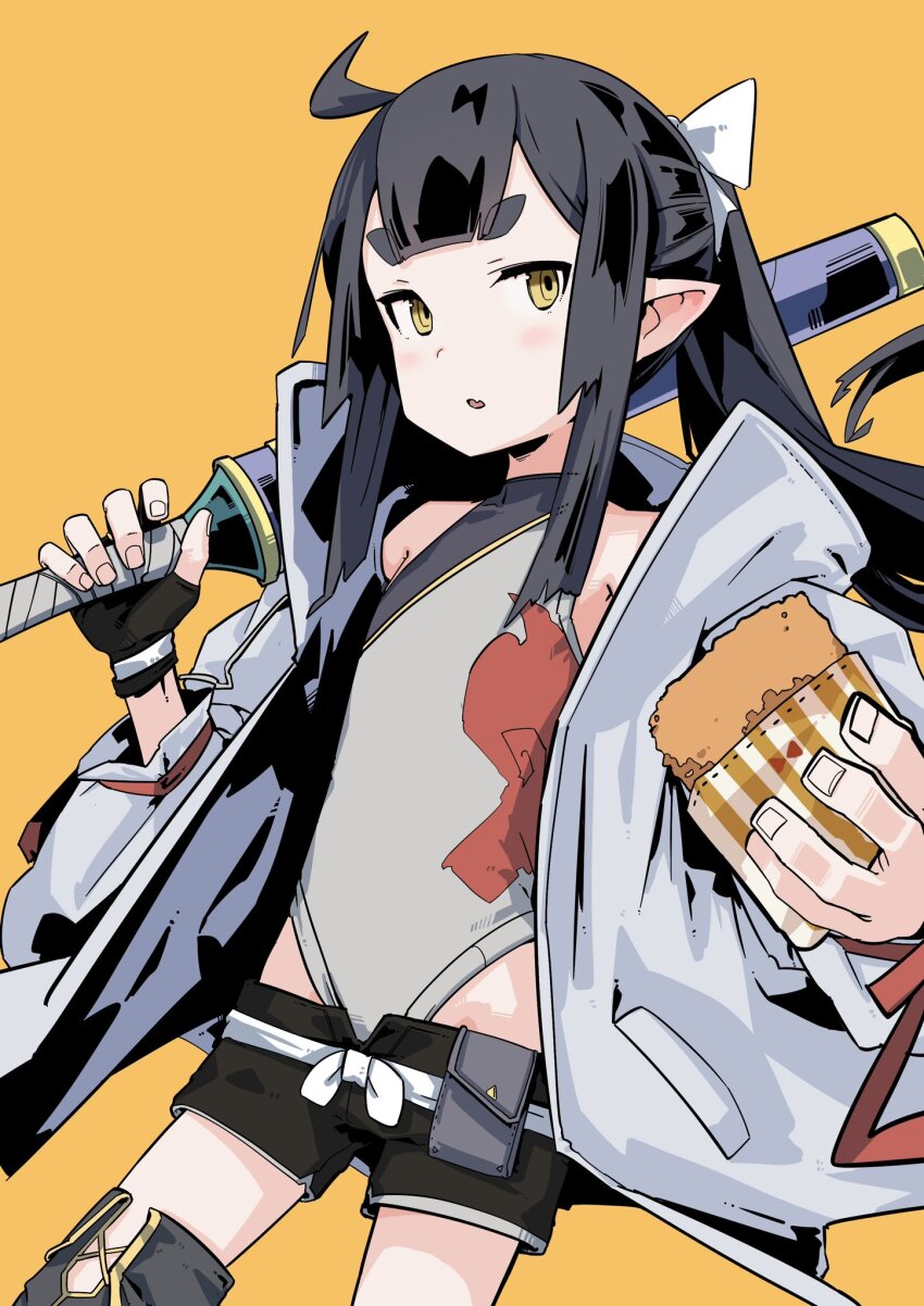 1girl, :o, akari_(raigou), black_gloves, black_hair, black_shorts, borrowed_character, bow