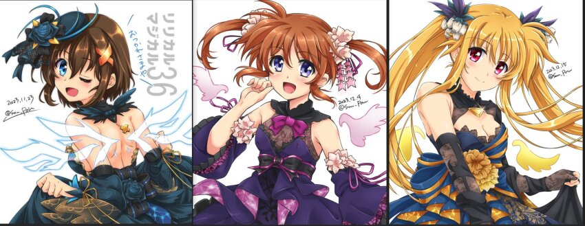 3girls, bardiche_(nanoha), bare_back, bare_shoulders, blonde_hair, blue_eyes, blush, breasts