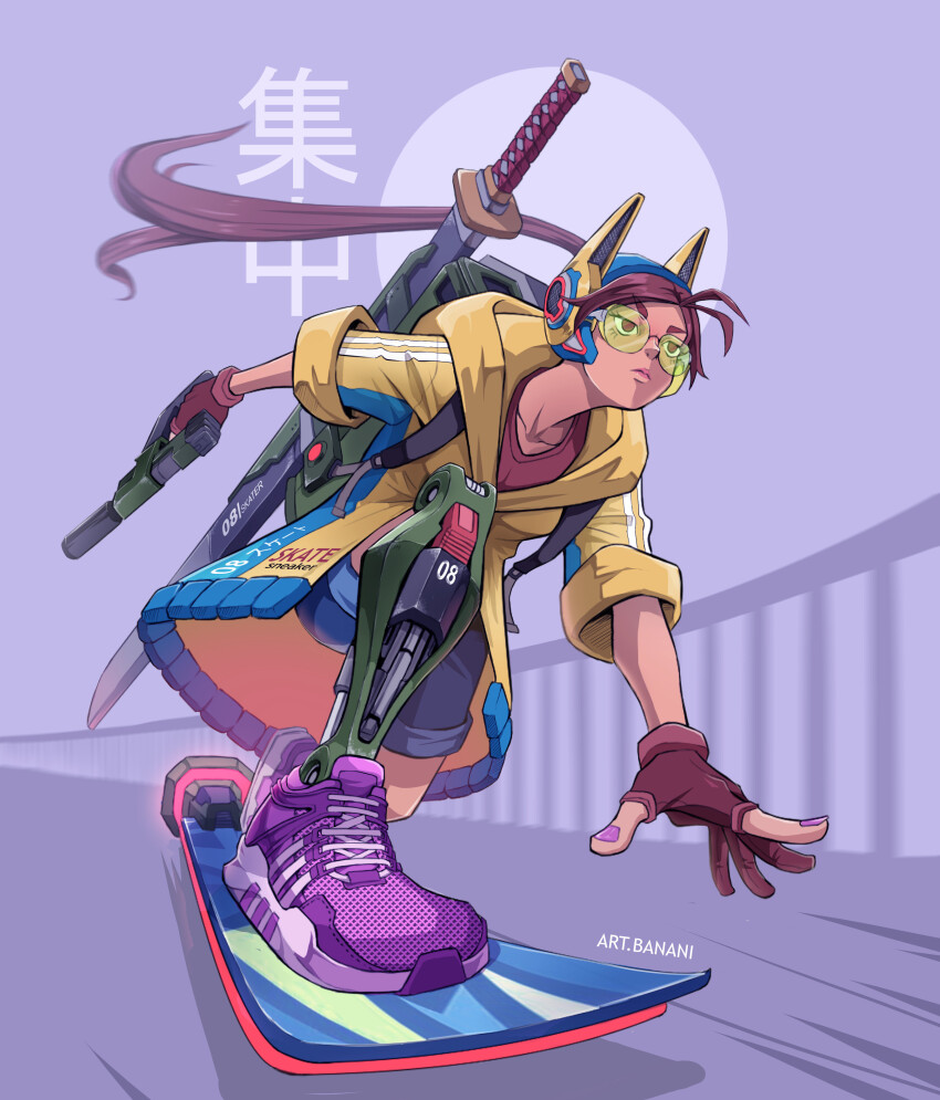 1girl, absurdres, animal_ears, art.banani, artist_name, brown_shirt, denim, denim_shorts, fake_animal_ears, glasses, grey_background, gun, handgun, highres, hoverboard, huge_weapon, jacket, long_hair, on_one_knee, original, perspective, pink_nails, prosthesis, prosthetic_leg, purple_footwear, shirt, shorts, solo, sword, very_long_hair, weapon, yellow_jacket