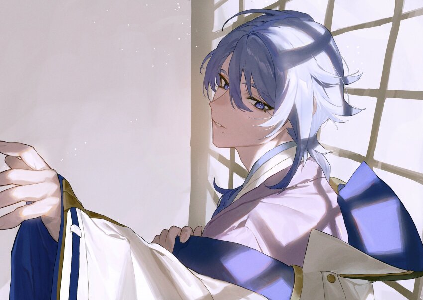 1boy, arm_up, commentary, genshin_impact, gold_trim, hair_between_eyes, hair_over_shoulder, highres