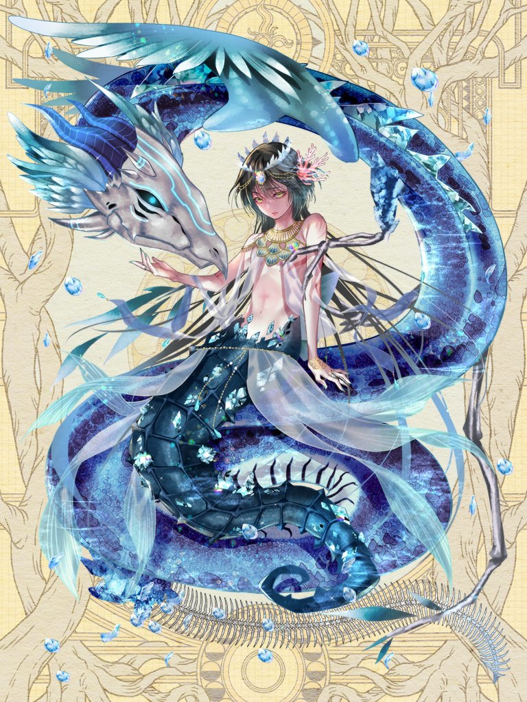 1boy, air_bubble, animal, arm_support, bare_arms, bare_shoulders, black_hair, blue_nails, bubble, closed_mouth, coral, coral_hair_ornament, crown, dairoku_ryouhei, expressionless, fish, flapper_shirt, full_body, hair_between_eyes, hair_ornament, hand_up, ihara_(wi_m0), long_hair, looking_at_viewer, male_focus, mermaid, merman, midriff, monster, monster_boy, monster_girl, nail_polish, oversized_animal, riolis_violella, seahorse, see-through_clothes, see-through_shirt, see-through_skirt, shirt, sitting, sitting_on_animal, skirt, sleeveless, sleeveless_shirt, snake, solo, usekh_collar, white_shirt, white_skirt, yellow_background, yellow_eyes