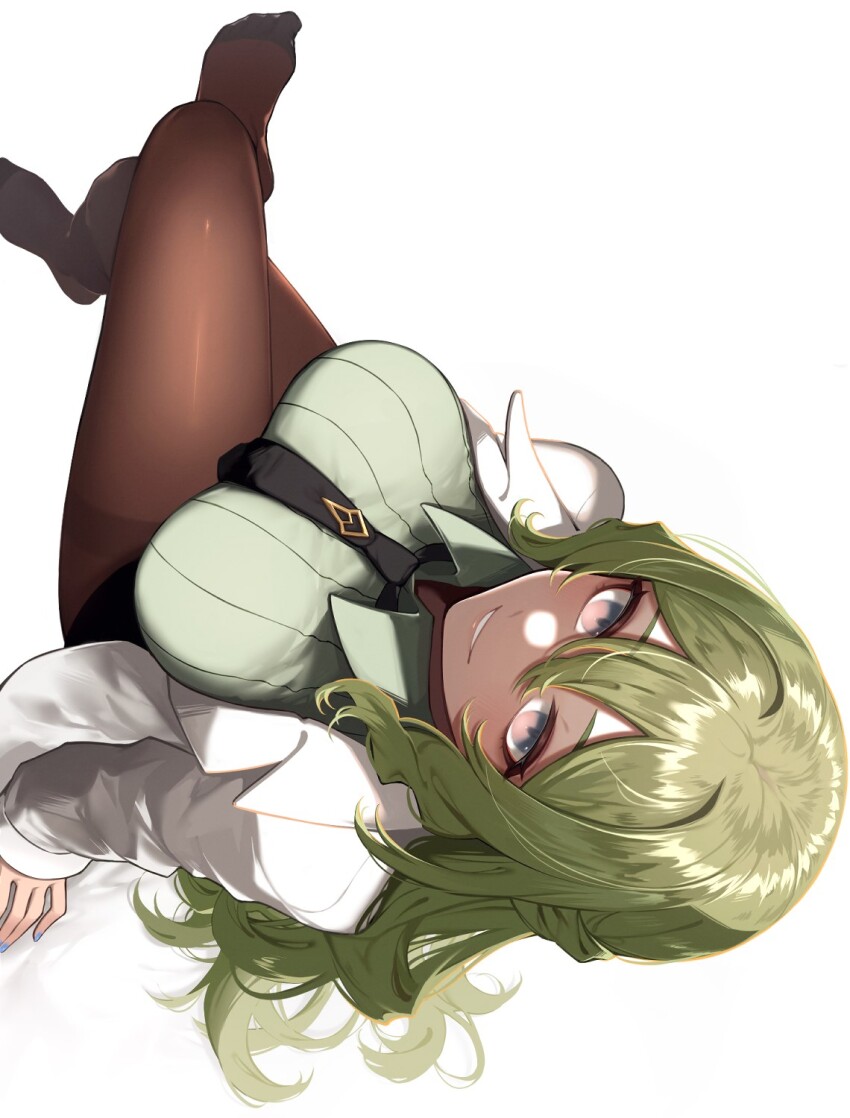 1girl, black_necktie, breasts, brown_pantyhose, coat, green_shirt, grey_hair, highres