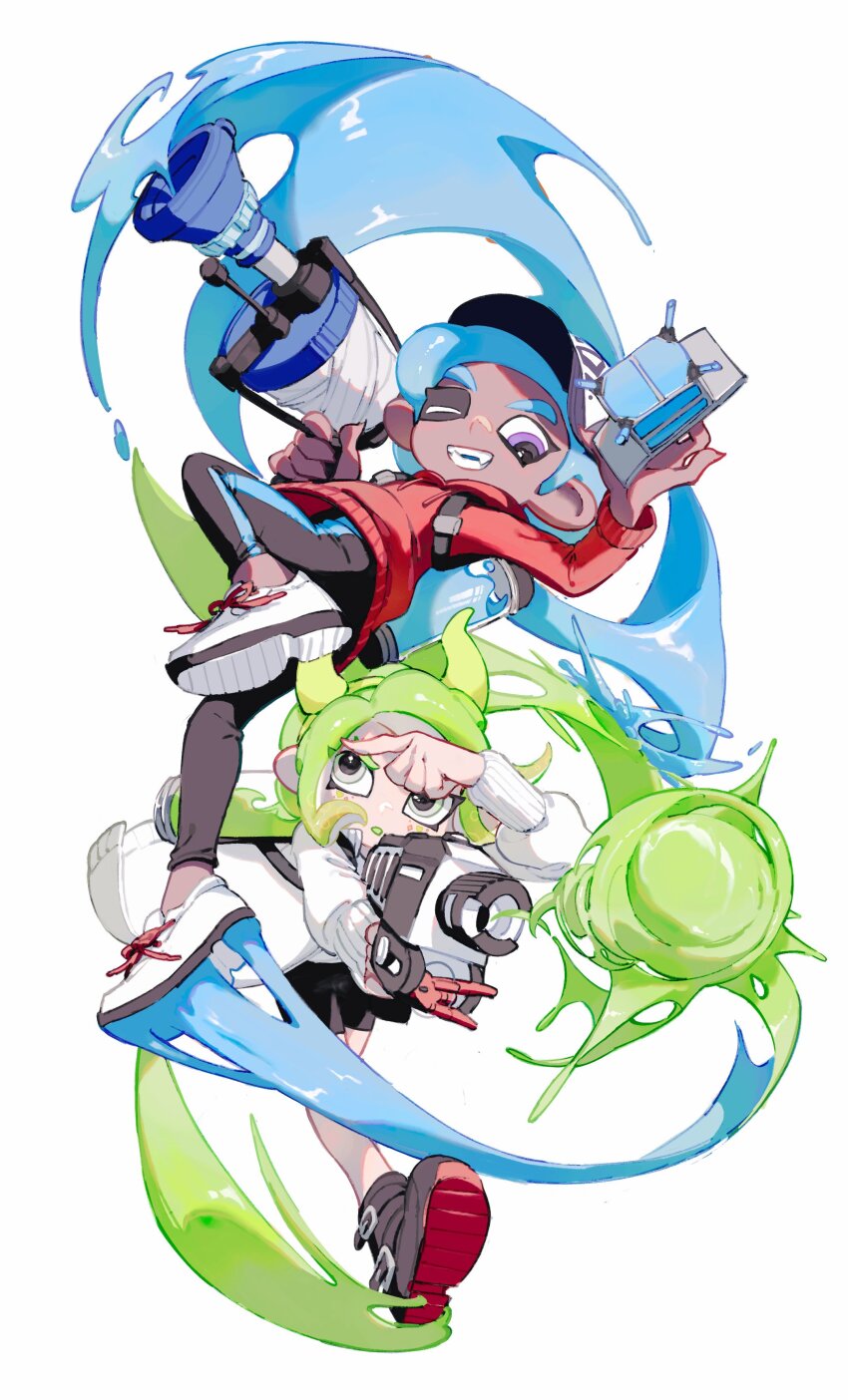 1boy, 1girl, absurdres, blue_hair, commentary_request, dark-skinned_male, dark_skin, fake_horns