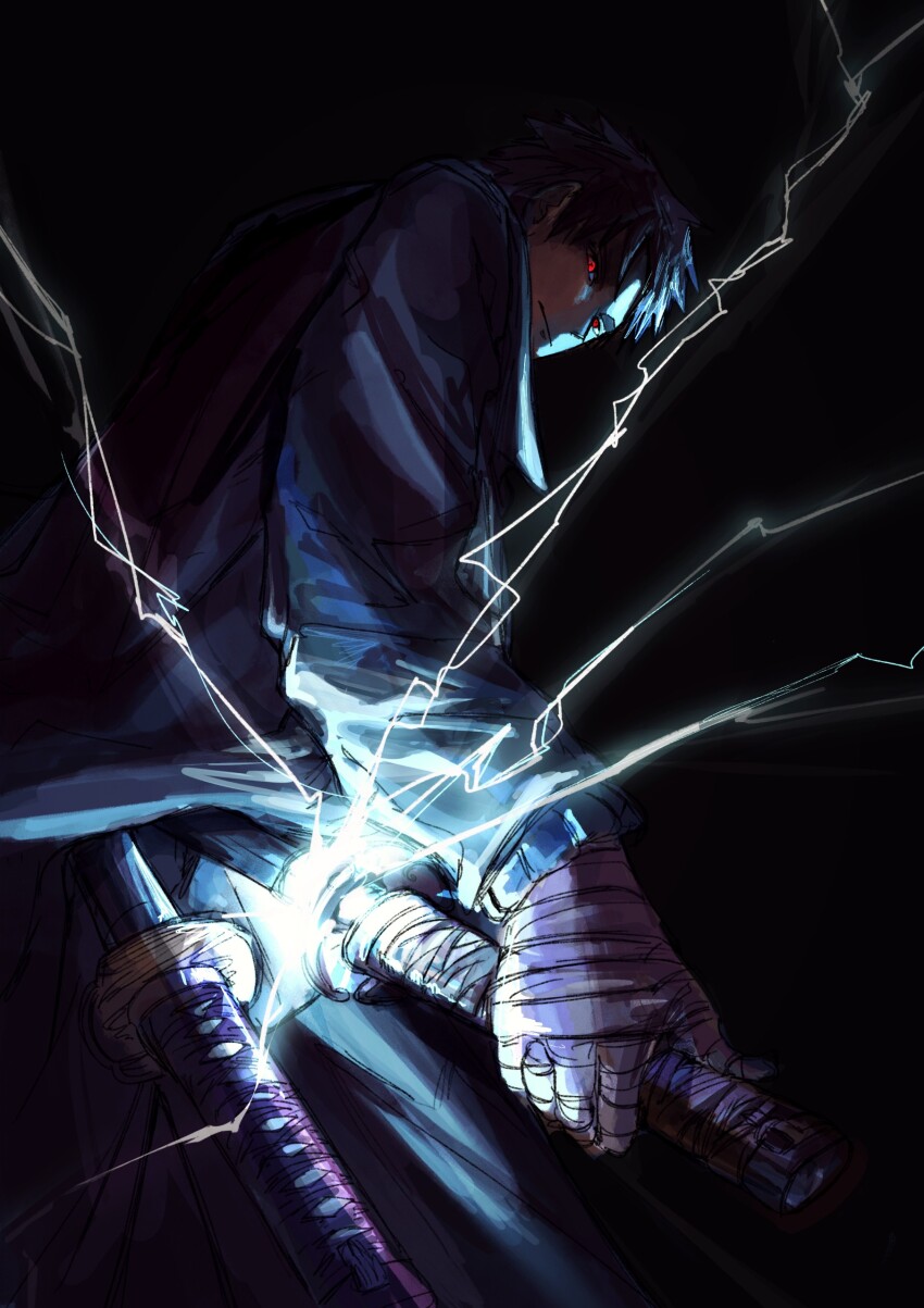 absurdres, bandaged_arm, bandaged_hand, bandages, black_hair, black_jacket, collared_jacket, commentary