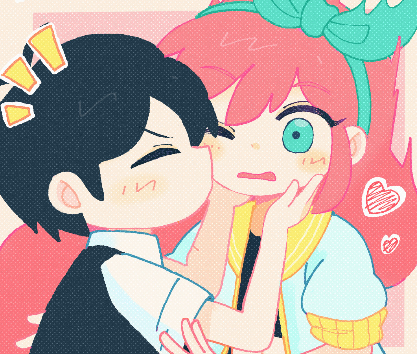 1boy, 1girl, antenna_hair, aqua_eyes, aqua_hairband, aubrey_(faraway)_(omori), aubrey_(omori), black_hair