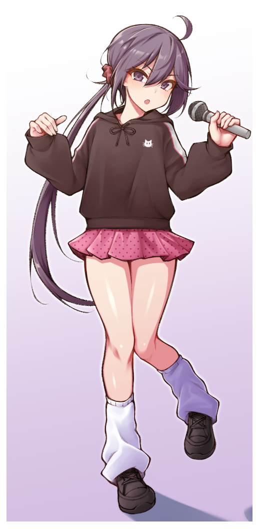 1girl, abukuma_(kancolle), akebono_(kancolle), akebono_(round1)_(kancolle), alternate_costume, brown_hoodie, brown_scrunchie, brown_shoes, full_body, hair_ornament, hair_scrunchie, holding, holding_microphone, hood, hood_down, hoodie, kantai_collection, long_hair, long_sleeves, loose_socks, microphone, miniskirt, pink_skirt, pleated_skirt, purple_eyes, purple_hair, scrunchie, shoes, side_ponytail, skirt, socks, solo, very_long_hair, white_socks, yuki_to_hana