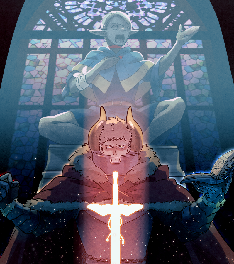 1boy, 1girl, alternate_universe, armor, b-saku, belt, belt_buckle, blue_capelet, blue_robe, book, breastplate, brown_belt, buckle, capelet, chain_belt, clawed_gauntlets, cloak, commentary, dungeon_meshi, elf, facing_viewer, fake_horns, fur-trimmed_cloak, fur_trim, glaring, glowing, glowing_sword, glowing_weapon, gorget, holding, holding_book, hood, hooded_cloak, horns, indian_style, kensuke_(dungeon_meshi), laios_touden, light_brown_hair, looking_at_viewer, marcille_donato, open_book, open_mouth, pedestal, petrification, plate_armor, pointy_ears, red_cloak, robe, short_hair, sitting, stained_glass, statue, sword, v-shaped_eyebrows, weapon, yellow_eyes