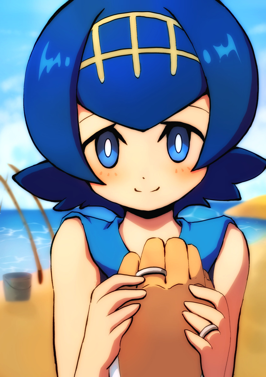 1boy, 1girl, akane_kazami, beach, blue_eyes, blue_hair, closed_mouth, commission, day, fishing_rod, gold_hairband, hairband, highres, jewelry, lana_(pokemon), looking_at_viewer, nintendo, no_sclera, outdoors, pokemon, pokemon_sun_and_moon, pov, ring, sand, short_hair, skeb_commission, smile