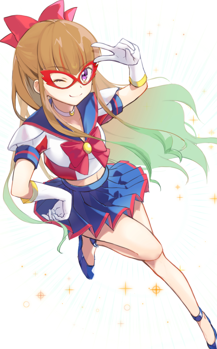 1girl, bare_legs, bishoujo_senshi_sailor_moon, bow, bowtie, brown_hair, choker, cosplay, glasses, gloves, gradient_hair, hair_bow, hand_on_own_hip, high_heels, highres, long_hair, long_legs, mechakucha, midriff, miniskirt, multicolored_hair, navel, ohdo_yuamu, one_eye_closed, pleated_skirt, purple_eyes, red_bow, red_bowtie, sailor_collar, sailor_senshi_uniform, sailor_v, sailor_v_(cosplay), skirt, smile, two-tone_hair, v, white_choker, white_gloves, yu-gi-oh!, yu-gi-oh!_go_rush!!
