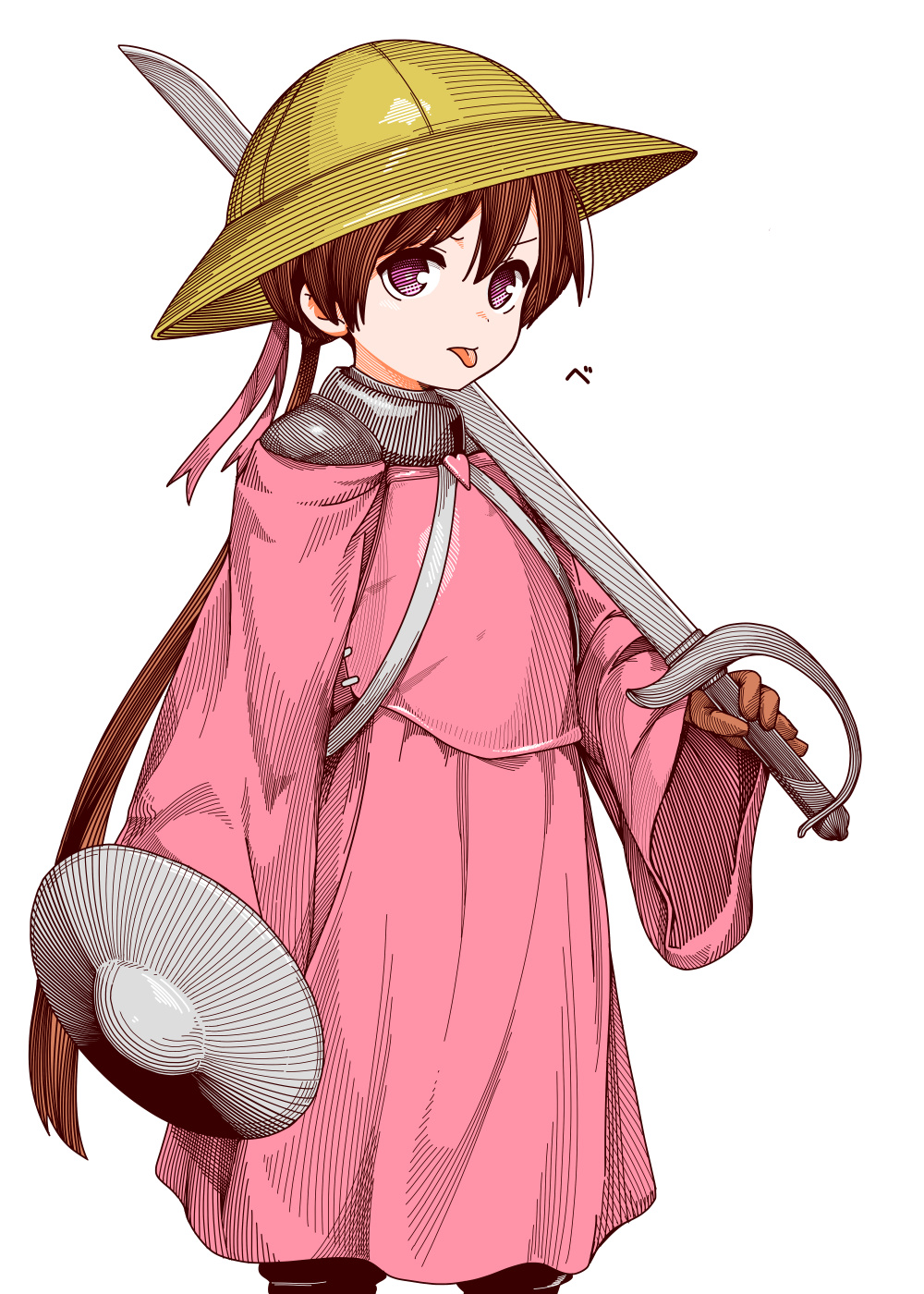 1girl, adapted_costume, armor, armor_under_clothes, breastplate, brown_hair, buckler, closed_mouth, dress, feet_out_of_frame, glaring, hat, helmet, highres, holding, holding_shield, holding_sword, holding_weapon, long_hair, long_sleeves, looking_at_viewer, low_twintails, namae_(koubutunado), off-shoulder_dress, off_shoulder, over_shoulder, pink_dress, purple_eyes, saber_(weapon), school_hat, shield, simple_background, solo, standing, sword, tongue, tongue_out, tsukuyomi_ai, twintails, voiceroid, weapon, weapon_over_shoulder