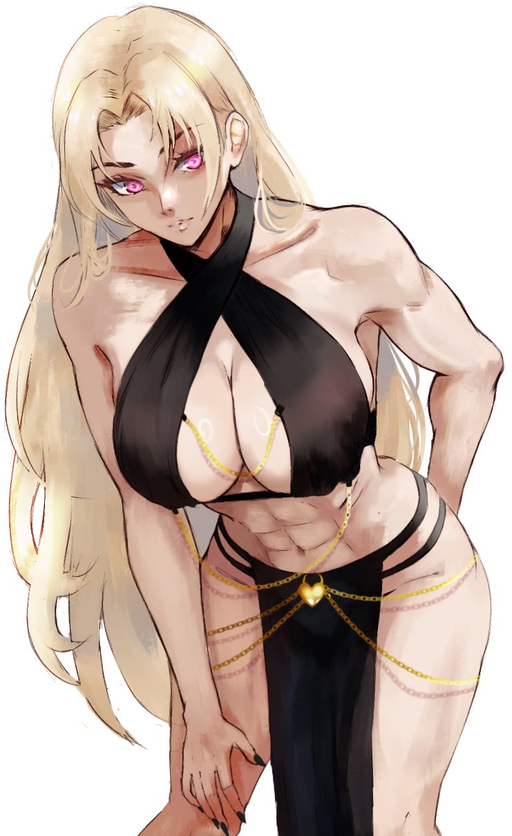 1girl, alternate_costume, belly_chain, bion_(insomn_bion), black_dress, black_nails, blonde_hair, breasts, chain, cleavage, closed_mouth, collarbone, cowboy_shot, criss-cross_halter, cropped_legs, deltoids, dress, fingernails, gold_chain, halterneck, heart_pendant, highres, jewelry, jujutsu_kaisen, large_breasts, long_fingernails, long_hair, looking_to_the_side, muscular, muscular_female, navel, pink_eyes, simple_background, solo, stomach, tsukumo_yuki_(jujutsu_kaisen), white_background