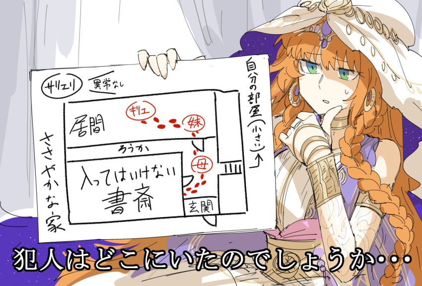 1girl, bracelet, braid, cloak, dress, earrings, fate/grand_order, fate_(series), green_eyes, haydee_(fate), hen_na_ie_(uketsu), holding, jewelry, kankan33333, orange_hair, solo, starry_sky_print, white_dress