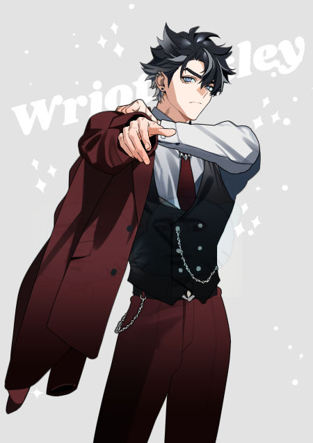 1boy, black_hair, black_shirt, black_vest, blue_eyes, buttons, chain, character_name