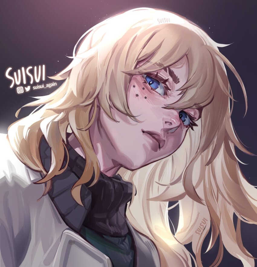 1girl, artist_name, blonde_hair, blue_eyes, deadlock_(valorant), facial_mark, highres, instagram_logo