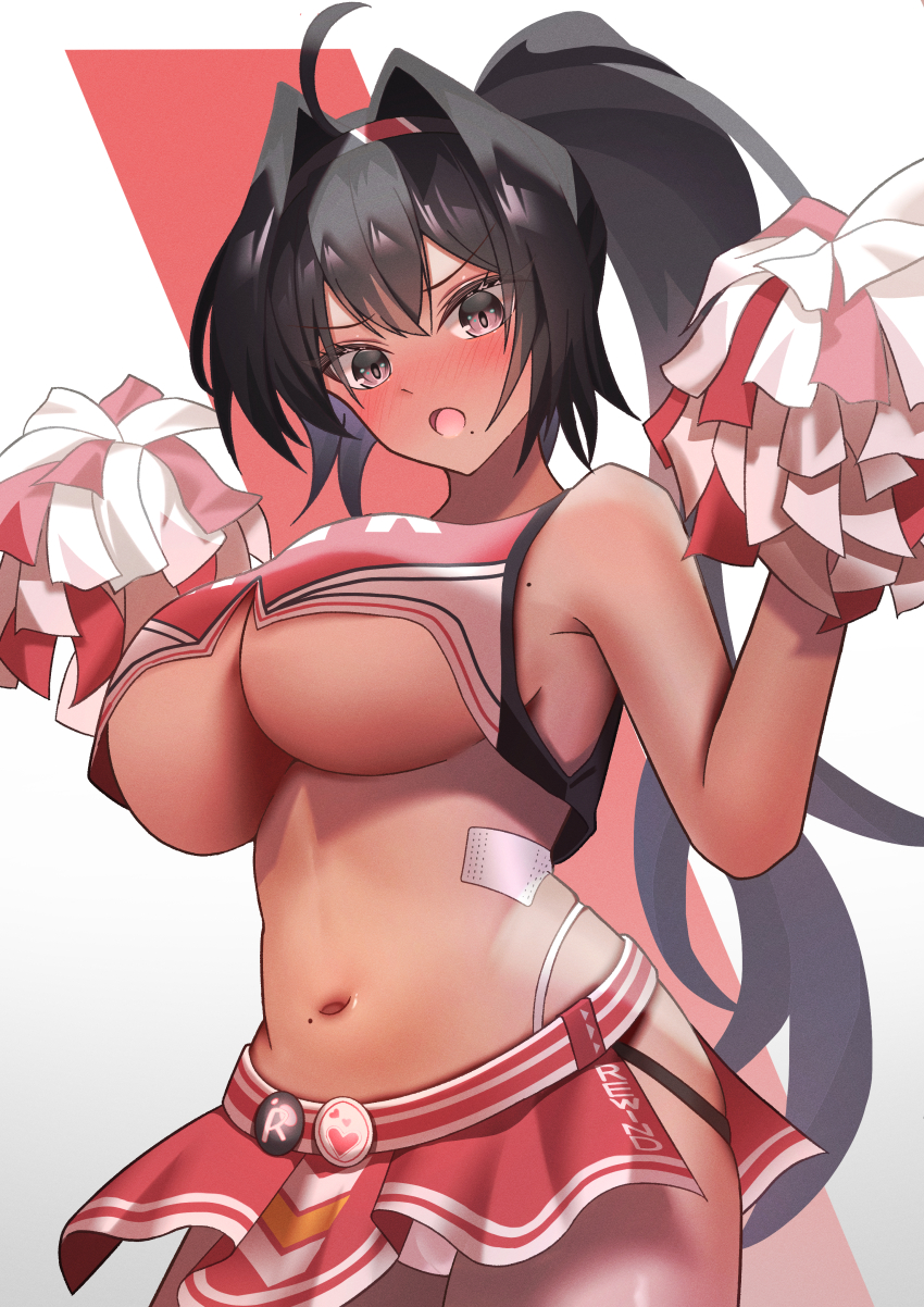 1girl, absurdres, ahoge, bay_(nikke), black_eyes, black_hair, blush, breasts, cheerleader, crop_top, dark-skinned_female, dark_skin, facial_tattoo, goddess_of_victory:_nikke, hair_intakes, hairband, highres, large_breasts, long_hair, meryi, mole, mole_on_breast, mole_on_stomach, mole_under_mouth, multicolored_hair, navel, open_mouth, panties, pom_pom_(cheerleading), ponytail, red_hair, red_shirt, red_skirt, shirt, skirt, solo, star_(symbol), star_tattoo, streaked_hair, tattoo, thigh_strap, underboob, underwear, white_panties