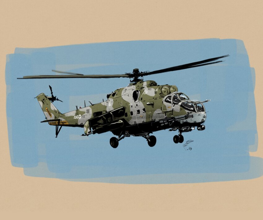 aircraft, attack_helicopter, fisher_art, helicopter, highres, mi-24, military, military_vehicle, original, outdoors, signature, sky, weapon