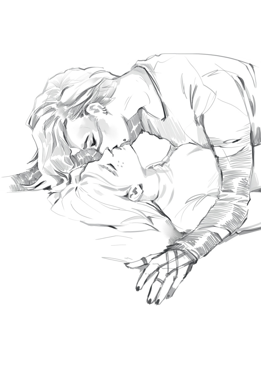 2girls, absurdres, black_nails, closed_eyes, deadlock_(valorant), ear_piercing, evaline_art, facial_hair