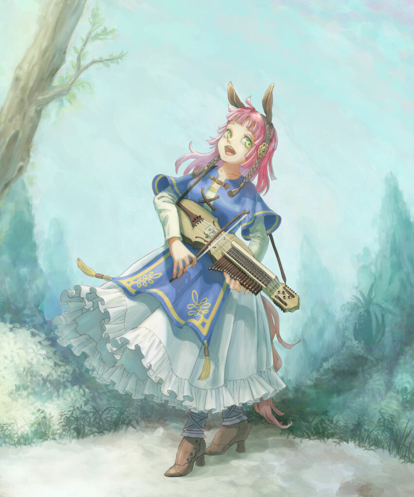 1girl, animal_ears, bush, dress, forest, full_body, green_eyes, high_heels, highres, holding, holding_instrument, horse_ears, horse_girl, instrument, looking_to_the_side, marori, music, nature, nyckelharpa, open_mouth, original, outdoors, pink_hair, playing_instrument, sky, solo, sweden, tree