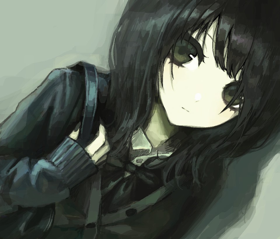 1girl, bag, black_hair, black_jacket, black_nails, dutch_angle, expressionless, gd783hhh