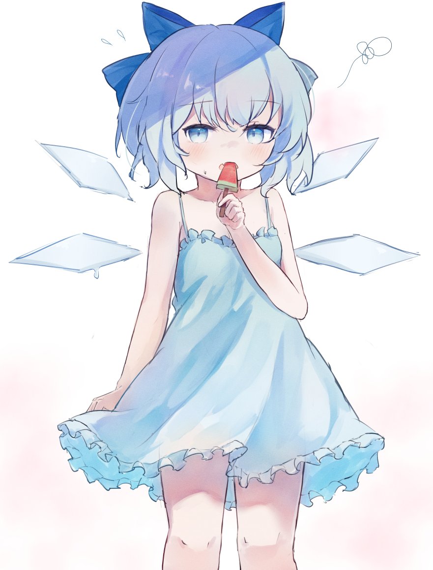 1girl, ar_(maeus), bare_shoulders, blue_bow, blue_dress, blue_eyes, blue_hair, blush