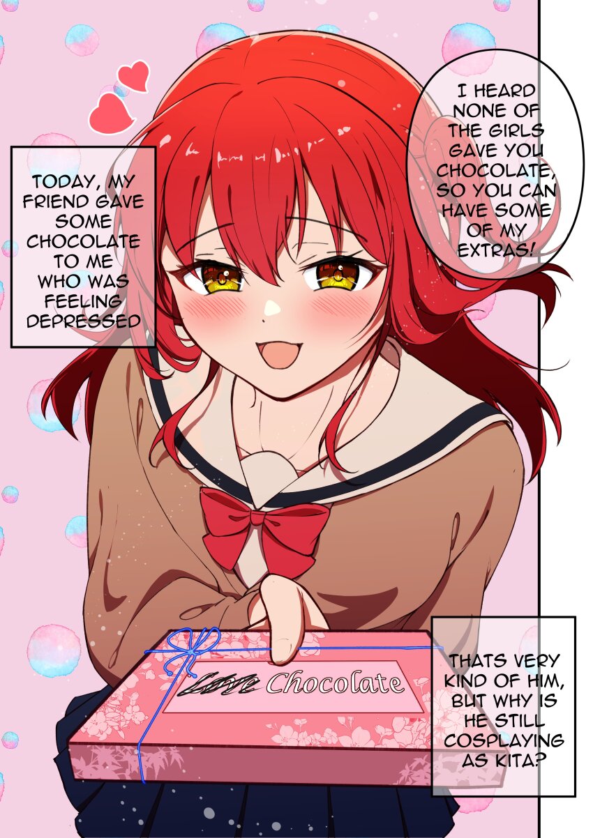 1boy, :d, absurdres, blue_skirt, blush, bocchi_the_rock!, box, box_of_chocolates