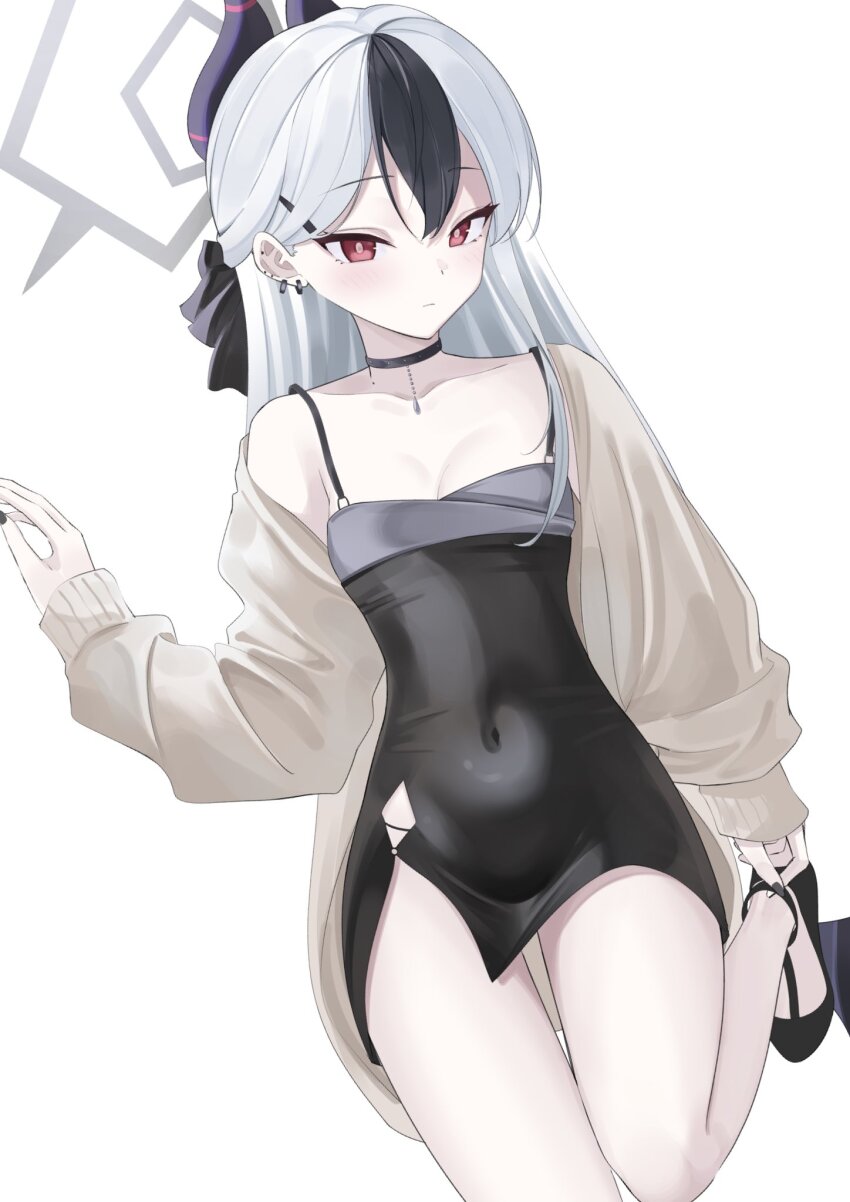1girl, adjusting_footwear, akane_(tgixb), black_bow, black_choker, black_dress, black_hair, black_horns, black_nails, blue_archive, bow, breasts, cardigan, choker, commentary, covered_navel, demon_horns, dress, ear_piercing, earrings, evening_gown, gradient_hair, grey_cardigan, grey_dress, grey_halo, hair_bow, hair_ornament, hair_stick, halo, high_heels, highres, horns, jewelry, kayoko_(blue_archive), kayoko_(dress)_(blue_archive), long_hair, long_sleeves, looking_at_viewer, mole, mole_on_neck, multicolored_hair, official_alternate_costume, open_cardigan, open_clothes, panties, piercing, pumps, red_eyes, short_dress, side_slit, simple_background, small_breasts, solo, string_panties, underwear, very_long_hair, white_background
