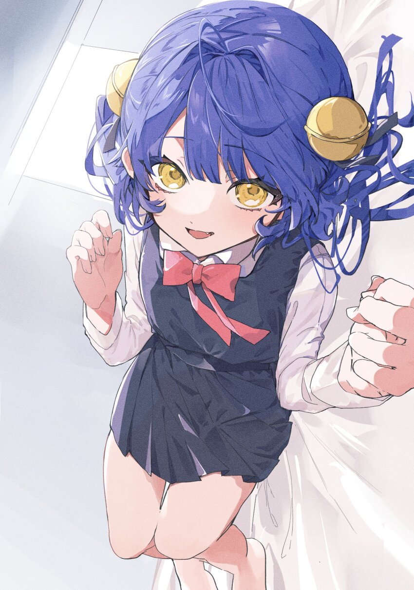 1girl, absurdres, amamiya_kokoro, bell, black_dress, blue_hair, blush, bow, bowtie, dress, fang, foreshortening, hair_bell, hair_ornament, highres, looking_at_viewer, lying, nijisanji, on_side, open_mouth, p_kotai, pinafore_dress, shirt, shukusei!!_loli-kami_requiem, sleeveless, sleeveless_dress, smile, solo, virtual_youtuber, white_shirt, yellow_eyes