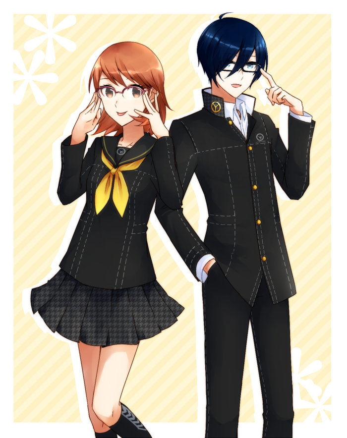 1boy, 1girl, adjusting_eyewear, black-framed_eyewear, black_jacket, black_pants, black_sailor_collar, black_shirt, black_skirt, black_socks, blue_eyes, blue_hair, brown_eyes, brown_hair, collared_shirt, commentary_request, cosplay, dark_blue_hair, feet_out_of_frame, glasses, hair_between_eyes, hand_in_pocket, hand_up, hands_up, index_finger_raised, jacket, kneehighs, kujikawa_rise, kujikawa_rise_(cosplay), long_sleeves, looking_at_viewer, masaki_729, medium_hair, narukami_yu_(cosplay), narukami_yu, neckerchief, open_mouth, pants, persona, persona_3, persona_4, pink-framed_eyewear, pleated_skirt, sailor_collar, school_uniform, serafuku, shirt, short_hair, skirt, smile, socks, standing, takeba_yukari, tongue, tongue_out, white_shirt, yasogami_school_uniform, yellow_neckerchief, yuuki_makoto_(persona_3)