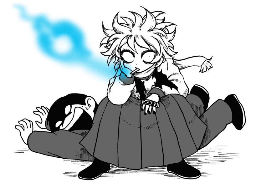 1boy, 1girl, blank_eyes, colored_smoke, brass_knuckles, byu_(orihazuma), cigarette, constricted_pupils, delinquent, full_body, greyscale, hand_on_own_chin, let's_go_kaikigumi, long_skirt, long_sleeves, looking_at_viewer, mechako_(let's_go_kaikigumi), messy_hair, monochrome, neckerchief, open_mouth, pleated_skirt, protagonist_(let's_go_kaikigumi), prototype_design, scarf, shaded_face, shoes, short_hair, simple_background, sitting, sitting_on_person, skirt, smoke, smoking, spiked_hair, spot_color, sweat, torn_clothes, torn_neckerchief, weapon, wide-eyed