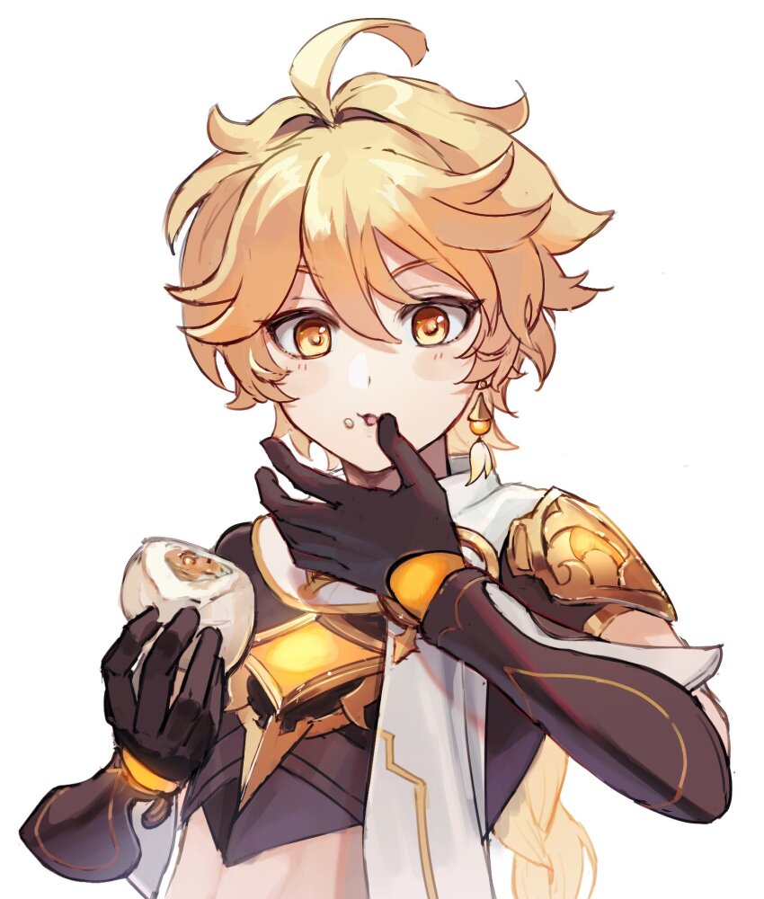 1boy, aether_(genshin_impact), ahoge, steamed_bun, black_gloves, black_shirt, blonde_hair, blush