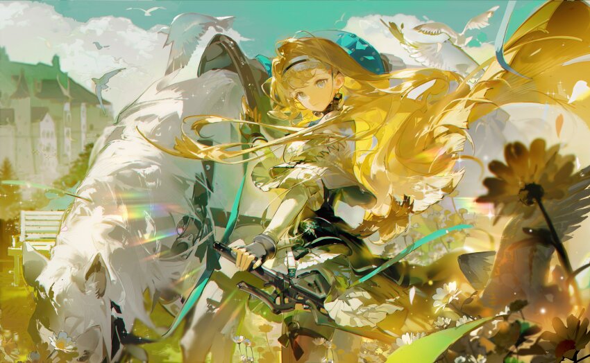 1girl, absurdres, bench, bird, black_dress, black_ribbon, blonde_hair, blue_eyes