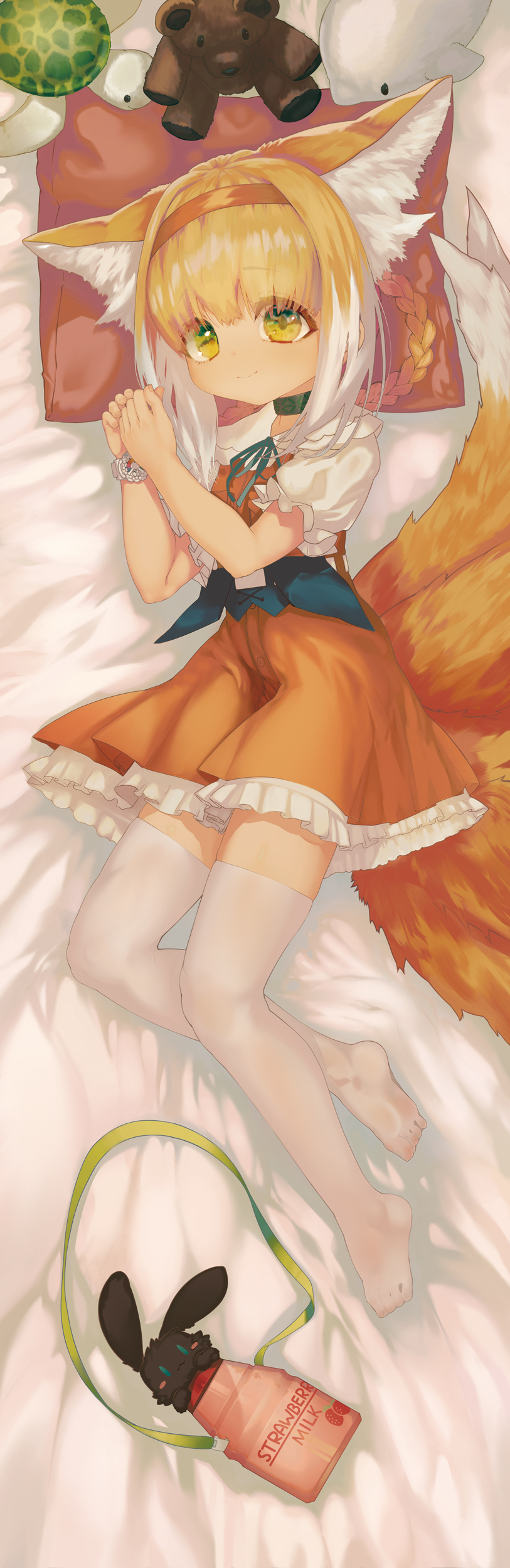 1girl, absurdres, animal_ear_fluff, animal_ears, arknights, bed_sheet, blonde_hair, blush, braid, braided_hair_rings, choshanland_plushy_(arknights), dakimakura_(medium), dress, extra_ears, fox_ears, fox_girl, fox_tail, frills, from_above, full_body, green_eyes, hair_rings, hairband, hame_ana_zpoo, highres, infection_monitor_(arknights), kitsune, kyuubi, looking_at_viewer, multicolored_hair, multiple_tails, no_shoes, official_alternate_costume, orange_dress, orange_hairband, own_hands_together, pillow, ribbon, short_hair, short_sleeves, smile, solo, strawberry_milk, stuffed_animal, stuffed_toy, suzuran_(arknights), suzuran_(let's_carnival!)_(arknights), tail, teddy_bear, thighhighs, watch, wristwatch, zettai_ryouiki