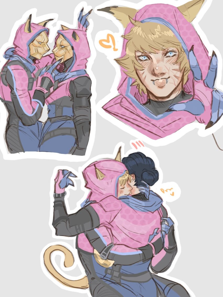 2girls, animal_ears, apex_legends, black_hair, blonde_hair, blue_bodysuit, blue_eyes, bodysuit, cat_ears, cat_mask, commentary, fogo0o0, gloves, grey_background, hair_behind_ear, hair_bun, hand_on_another's_chin, heart, highres, hood, hood_up, kemonomimi_mode, kiss, kissing_neck, mask, missing_lynx_wattson, multiple_girls, official_alternate_costume, pink_gloves, punk_prowler_wraith, short_hair, single_hair_bun, untranslatable_commentary, v, wattson_(apex_legends), wraith_(apex_legends), yuri