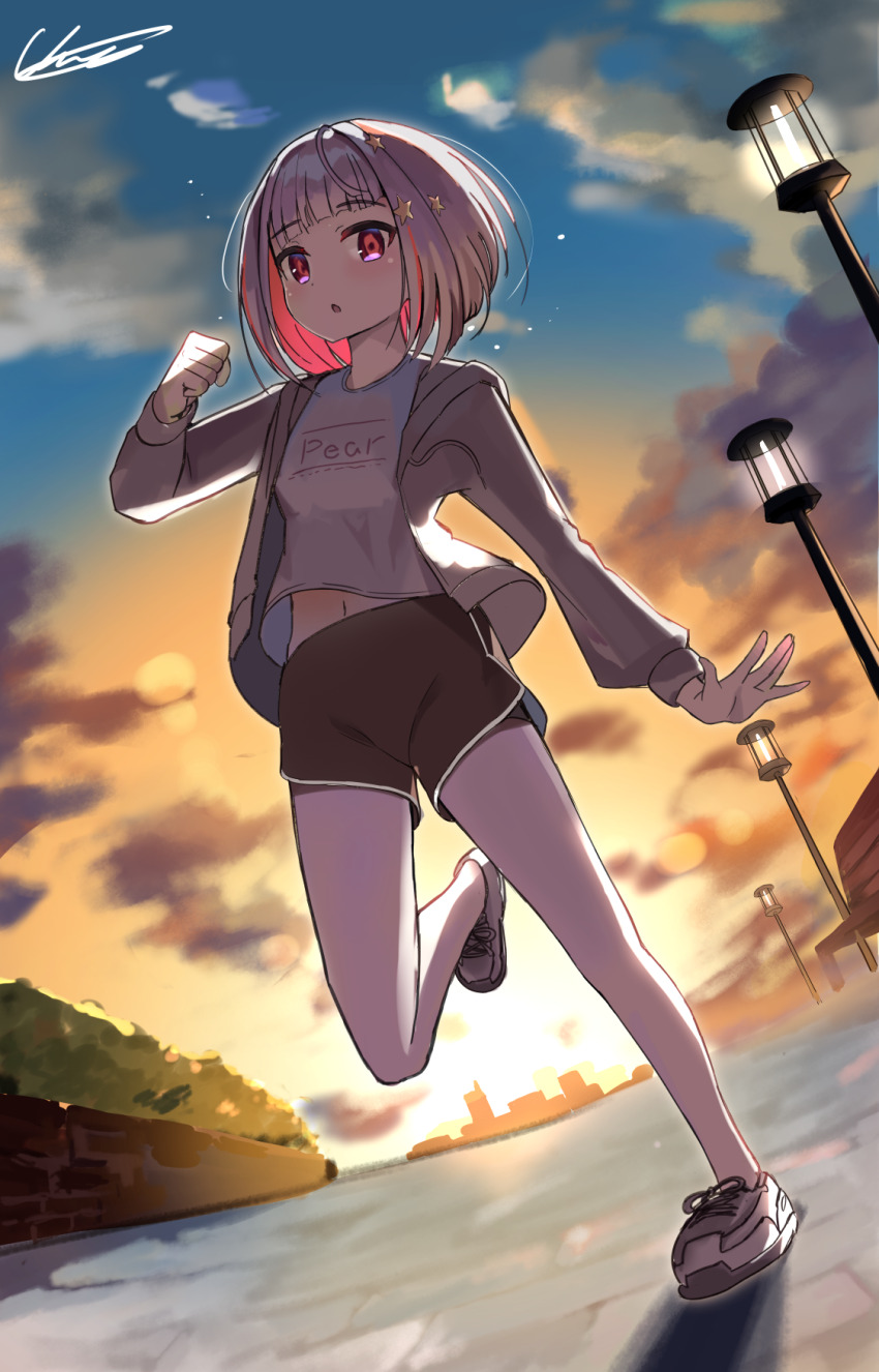 1girl, :o, backlighting, black_shorts, bob_cut, clenched_hand, cloud, colored_inner_hair