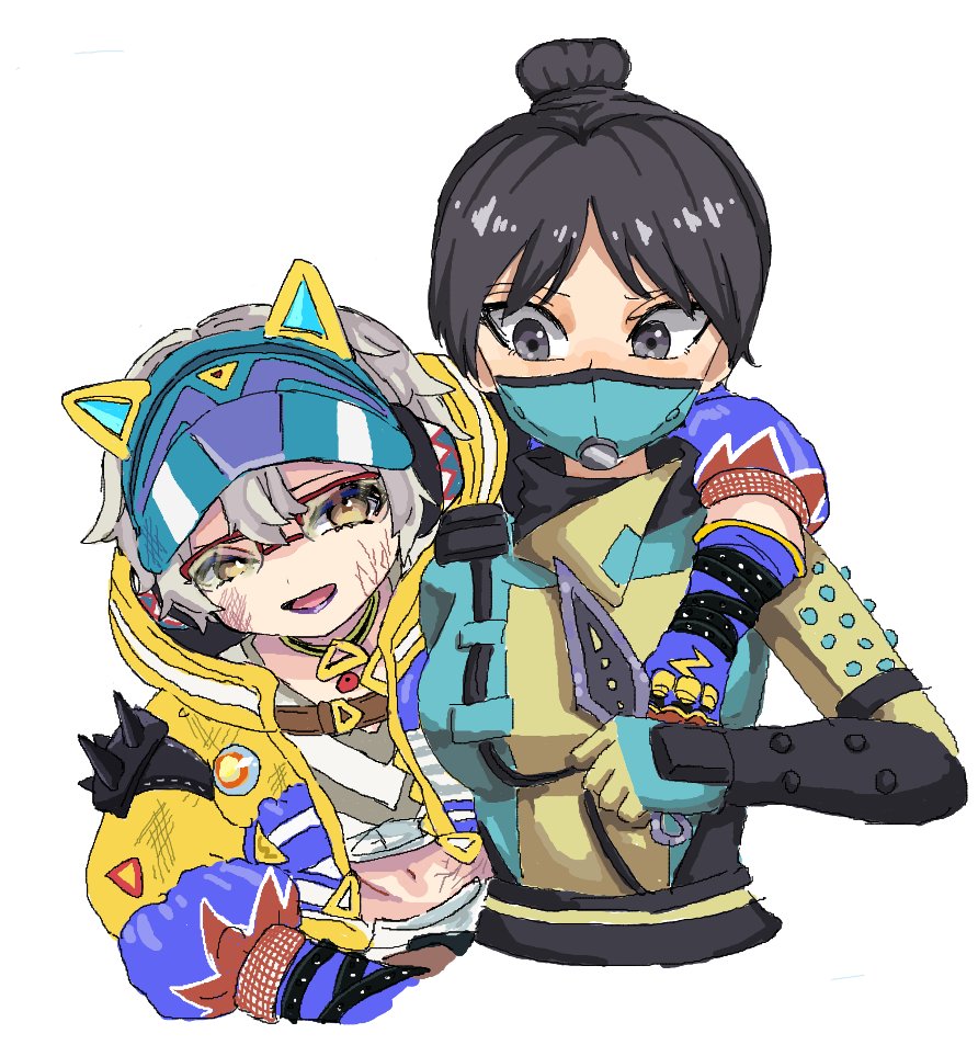 2girls, animal_ear_headphones, animal_ears, animification, apex_legends, arm_around_shoulder, black_hair, blue_bodysuit