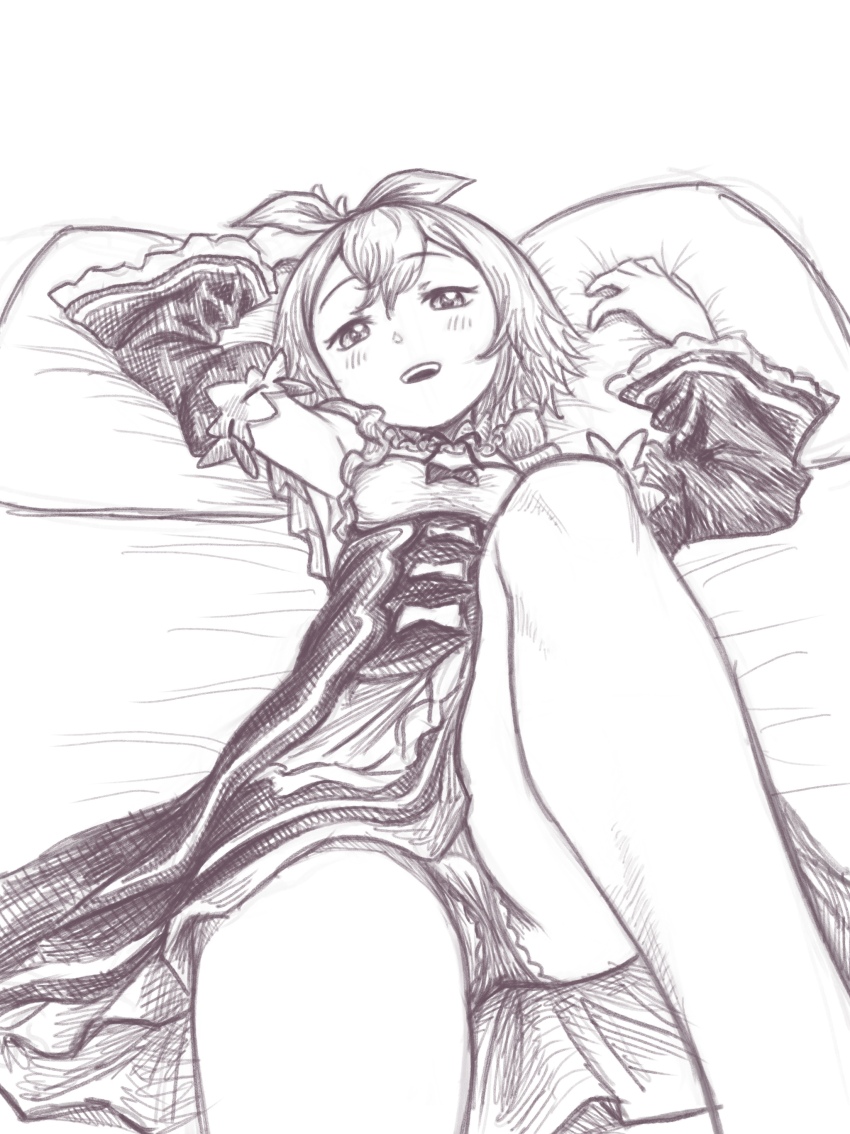 1girl, absurdres, barusuthegoat, bed, bed_sheet, blush, female_focus, flat_chest