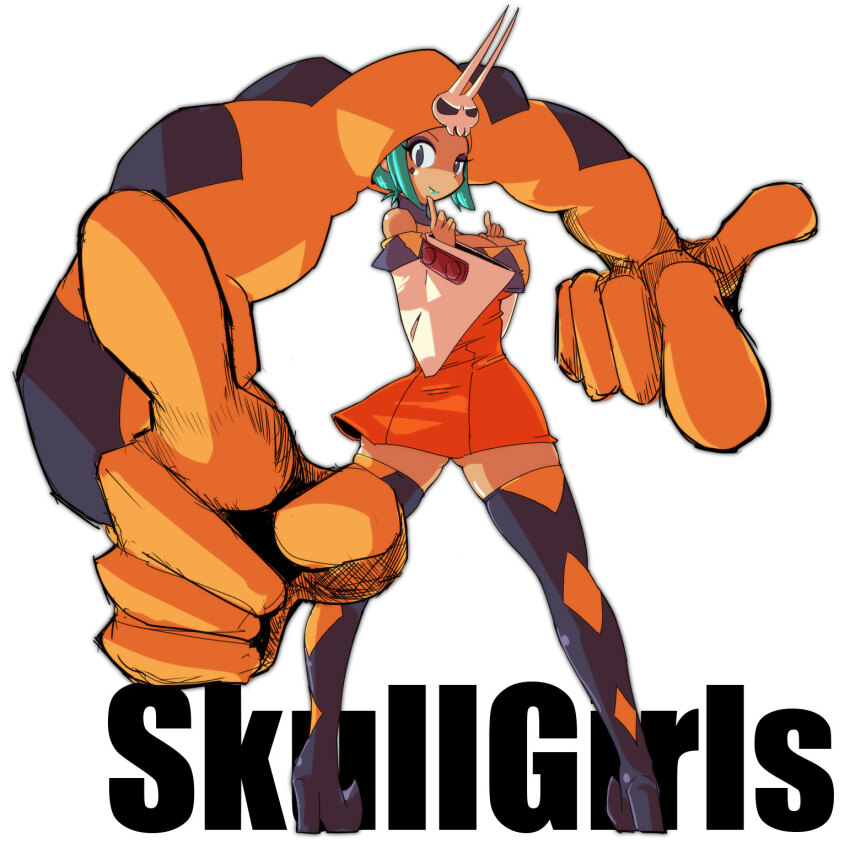 1girl, boots, breasts, cerebella_(skullgirls), cleavage, closed_eyes, copyright_name, dark-skinned_female, dark_skin, dress, full_body, green_hair, green_lips, hat, highres, kemejiho, large_breasts, lipstick, looking_at_viewer, makeup, short_dress, skullgirls, smile, solo, standing, thigh_boots, vice-versa_(skullgirls), white_background